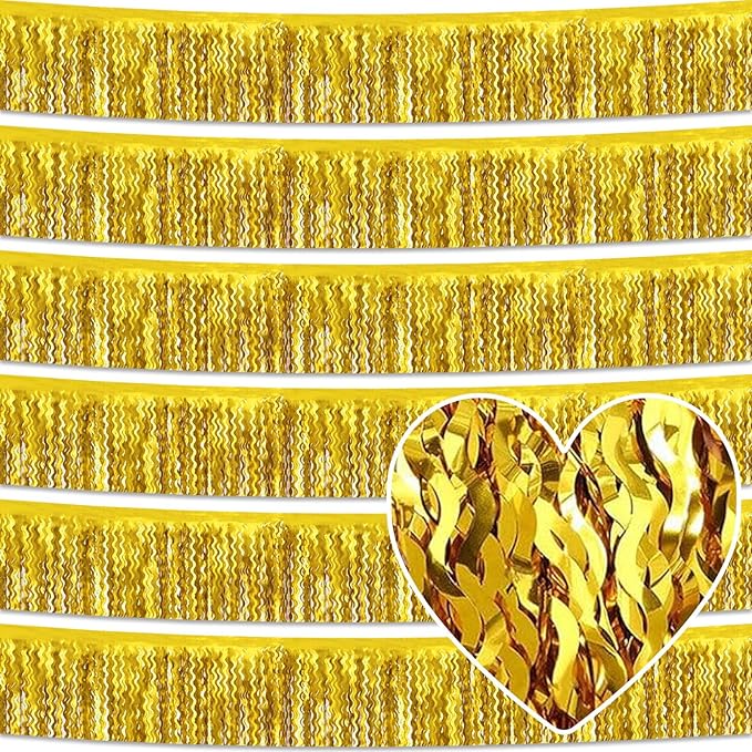 6 Pack 10 Feet Gold Wave Foil Fringe Garland Metallic Tinsel Streamers Banner Wall Hanging Curtain Backdrop for Parade Floats, Mother's Day, Easter, Wedding, Birthday Party Decoration