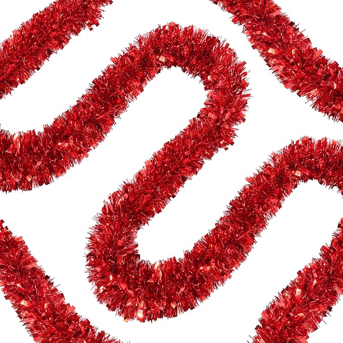 50FT Red Christmas Tinsel Garland Metallic Twist Xmas Garland for Christmas Tree Decorations Holiday Hanging Garlands for Mantel Staircase Indoor Outdoor Home Office Classroom Party Holiday Decor