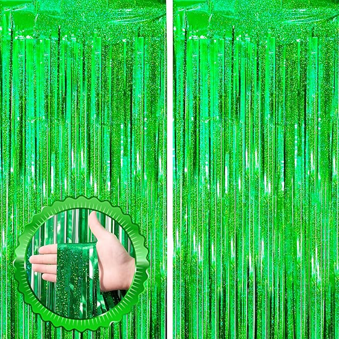 2 Pack Laser Green Tinsel Foil Fringe Curtains, Green Party Decorations, Metallic Tinsel Party Streamers Backdrop for Birthday Baby Shower St Patrick's Day Christmas Party Decorations