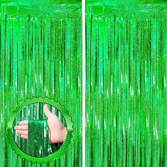 2 Pack Laser Green Tinsel Foil Fringe Curtains, Green Party Decorations, Metallic Tinsel Party Streamers Backdrop for Birthday Baby Shower St Patrick's Day Christmas Party Decorations