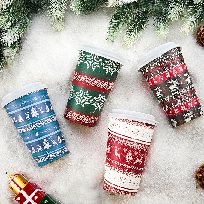 JOYIN 24 PCS Christmas Disposable Paper Cups, 16 oz Merry Christmas Party Cups With Sleeves and Lids, 4 Designs Xmas Drinkware Winter Drinkware, Tableware Holiday Party Supplies