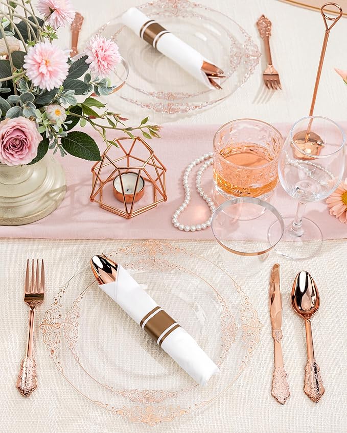 Nervure 175PCS Rose Gold Plastic Plates - Disposable Rose Gold Party Plates & Pre Rolled Napkins with Cutlery for 25 Guests, 50Plates, 75Silverware, 25Cups, 25Napkin for Wedding & Party