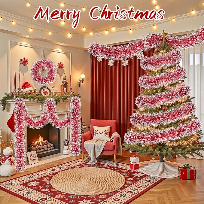 50Ft Christmas Tinsel Garland, Red Snowflake Metallic Twist Garland for Xmas Tree Decorations, Tinsel for New Year Party Ceiling Hanging Decorations Indoor and Outdoor Decor