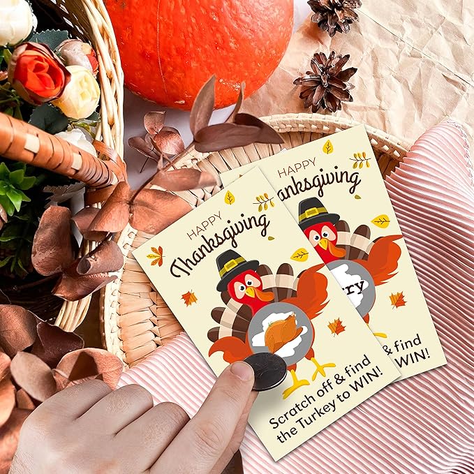 Thanksgiving Day Scratch Off Game Cards - Pumpkin & Turkey Design Fall Harvest Party Game - Halloween/Autumn Themed Party Activities & Supplies Decorations - 50 Pack(03)