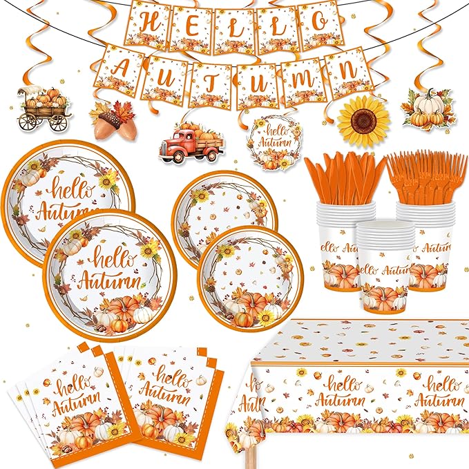 123PCS Autumn Party Supplies for Thanksgiving Themed Fall Pumpkin Decoration Tableware Set with Tablecloth and Banner Leaves Harvest Dessert Plates Napkins Cups Set for 20 Guests