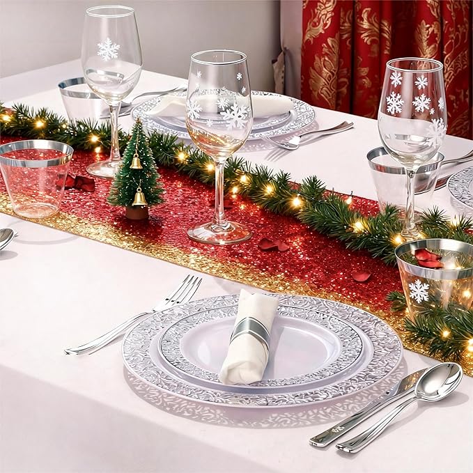 WELLIFE 350 Pieces Silver Disposable Plastic Dinnerware, Includes:50 Dinner Plates, 50 Dessert Plates, 50 Cups, 50 Pre Rolled Napkins with Silver Cutlery