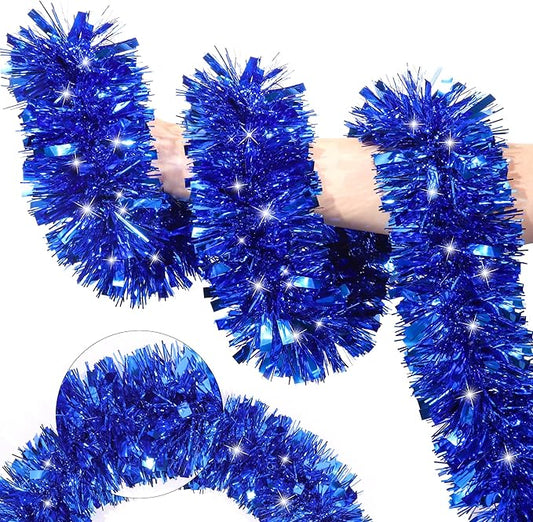 50FT Blue Christmas Tinsel Garland Metallic Twist Xmas Garland for Christmas Tree Decorations Holiday Hanging Garlands for Mantel Staircase Indoor Outdoor Home Office Class Party Holiday Decor