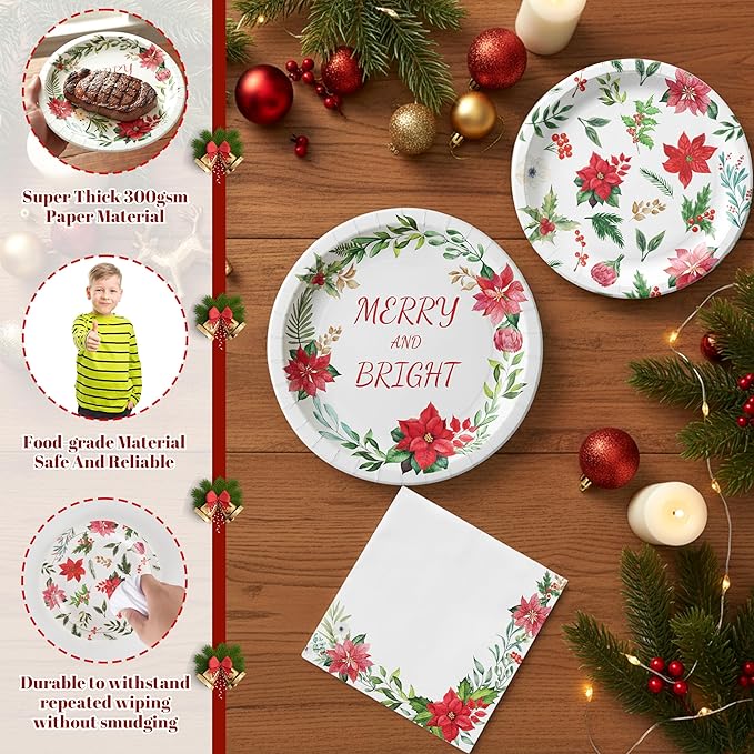 150Pcs Christmas Paper Plates and Napkins Disposable Heavy Duty Dinnerware Set Serve 50, Poinsettia Design Serving Platters, Merry & Bright Floral Tableware for Holiday Home Christmas Party Supplies