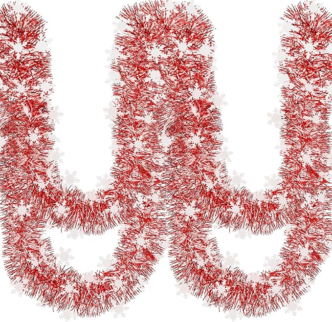 50Ft Christmas Red and Snowflake Tinsel Garland Metallic Twist Shiny Garland for Xmas Christmas Tree Ceiling Hanging Decorations Holiday Wedding Home Party Supplies Indoor Outdoor Decor