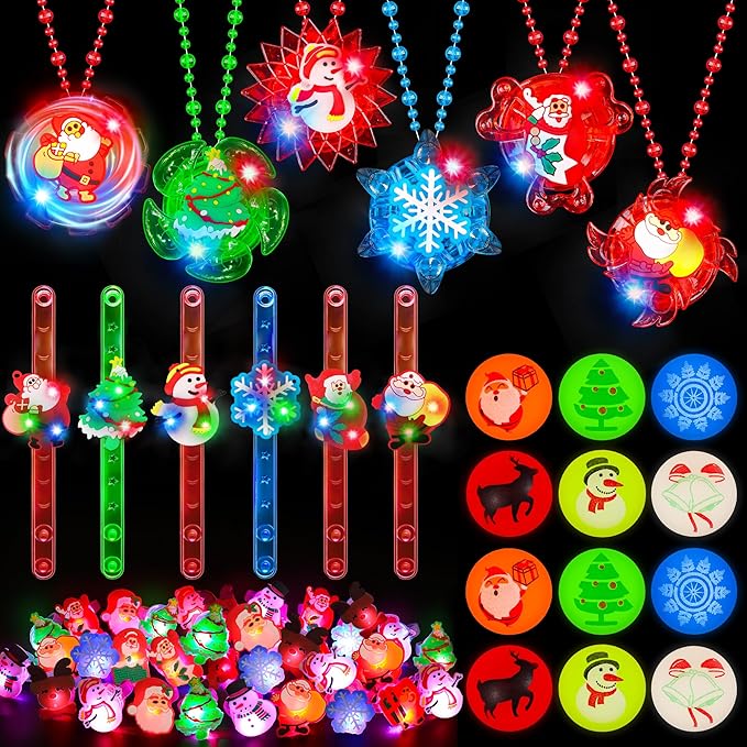 64 PCS Christmas Party Favors Bulk Glow in The Dark Party Supplies LED Christmas Toys Bulk Light Up Necklace Bracelet Rings Xmas Toy Gifts for Stocking Stuffers Holiday Favors Classroom Rewards Prizes