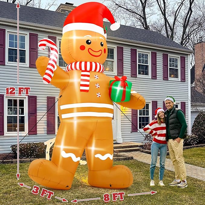 12FT Christmas Inflatables, Giant Blow Up Christmas Gingerbread Man Decorations, Lighted Up Xmas Gingerbread with Red Hat and Candy Cane, Pre-lit Christmas Archway Inflatable Decor for Yard Lawn