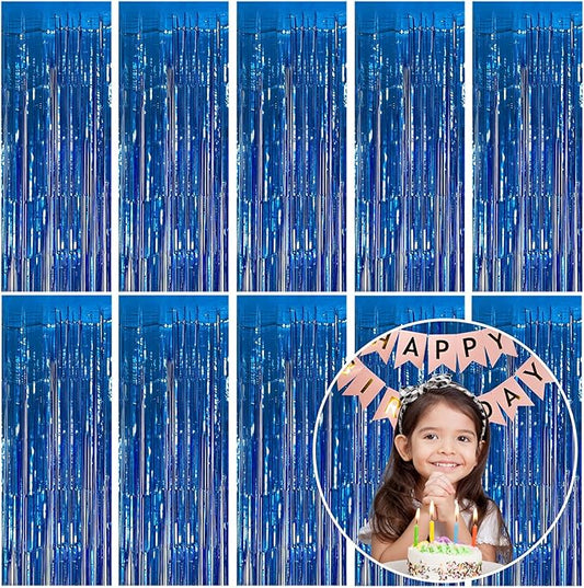 10 Pack Foil Curtain Backdrop Blue Metallic Tinsel Foil Fringe Curtains Photo Booth Props for Birthday Wedding Engagement Baby Shower Bachelorette Christmas Holiday Celebration Party Decorations