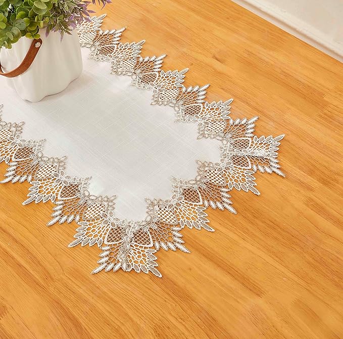 Natural Linen Table Runner 120 inches Neutral Earth Tones Beige Lace Handcrafted Coffee Table Runners Dresser Scarf for Spring Easter Summer Kitchen Wedding Party (16”x120”, White)