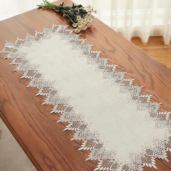 Natural Linen Table Runner 36 inches Neutral Earth Tones Beige Lace Coffee Table Runners Dresser Scarf for Spring Easter Summer Kitchen Wedding Party, Machine Washable