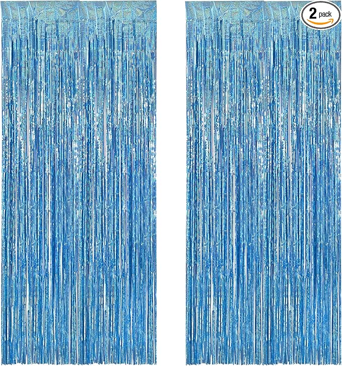 BRAVESHINE Light Blue Tinsel Foil Fringe Curtains - 2Pcs 3.2x8.2 ft Metallic Holiday Photo Booth Backdrop for Easter Birthdays Mermaid Frozen Sea Bachelorette Party Streamers Decorations