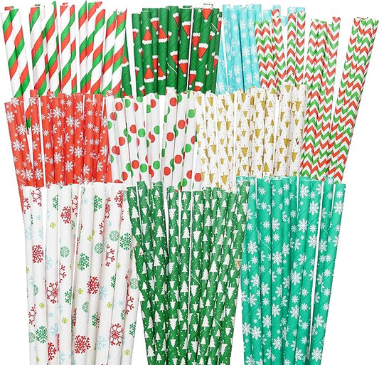 Weemium Christmas Paper Straws - [200 Pack] in 10 Designs - Biodegradable Christmas Straws for Drinking, Party and Crafts