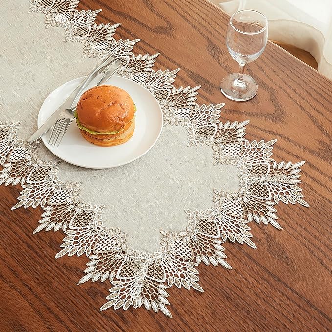 Natural Linen Table Runner 36 inches Neutral Earth Tones Beige Lace Coffee Table Runners Dresser Scarf for Spring Easter Summer Kitchen Wedding Party, Machine Washable