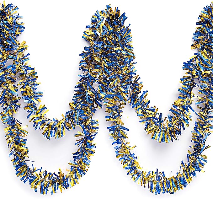 Anderson's Metallic Blue & Gold Tinsel Twist Garland, 25ft Holiday Decoration, Christmas Tree Trim, Parade Float Decor, Party Supplies, Halloween, Graduation, Indoor Outdoor Event Garland
