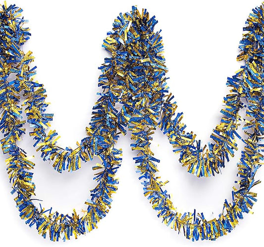 Anderson's Metallic Blue & Gold Tinsel Twist Garland, 25ft Holiday Decoration, Christmas Tree Trim, Parade Float Decor, Party Supplies, Halloween, Graduation, Indoor Outdoor Event Garland