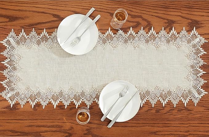 Natural Linen Table Runner 48 inches Neutral Earth Tones Beige Lace Coffee Table Runners Dresser Scarf for Spring Easter Summer Kitchen Wedding Party, Machine Washable (Natural, 16”x48”)