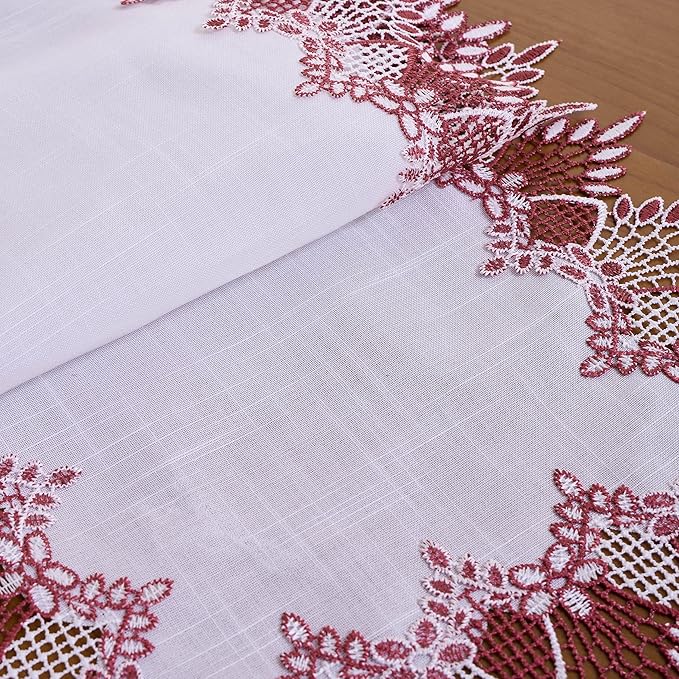 Natural Linen Table Runner 120 inches Neutral Earth Tones Beige Lace Handcrafted Coffee Table Runners Dresser Scarf for Spring Easter Summer Kitchen Wedding Party (16”x120”, Dark Red)
