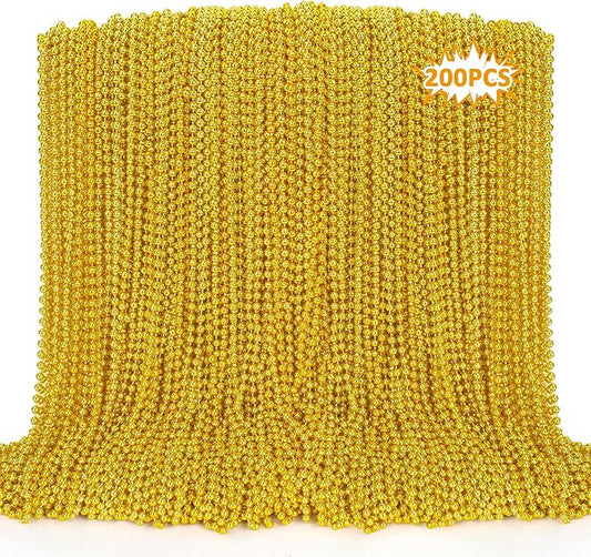 200PCS Mardi Gras Beads, 33" Gold Bead Necklaces Stuff, Mardi Gras Christmas Beads Costume Necklace, Festival Parade Throw Accessories for Wedding Birthday Pirate Party School Activities Supplies
