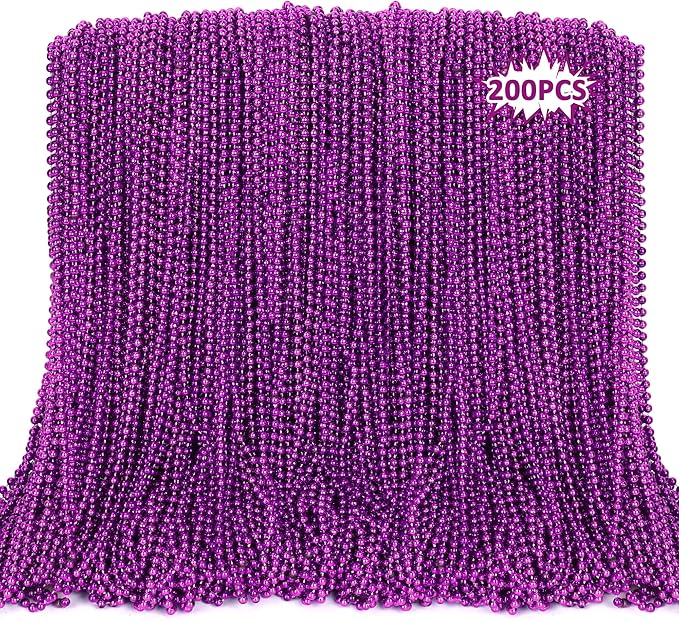 200PCS Mardi Gras Beads, Purple Bead Necklace Party Favors, 33" Holiday Halloween Necklaces Party Parade Throw Accessories, Mardi Gras Halloween Wedding Birthday Celebrations Decorations Bulk
