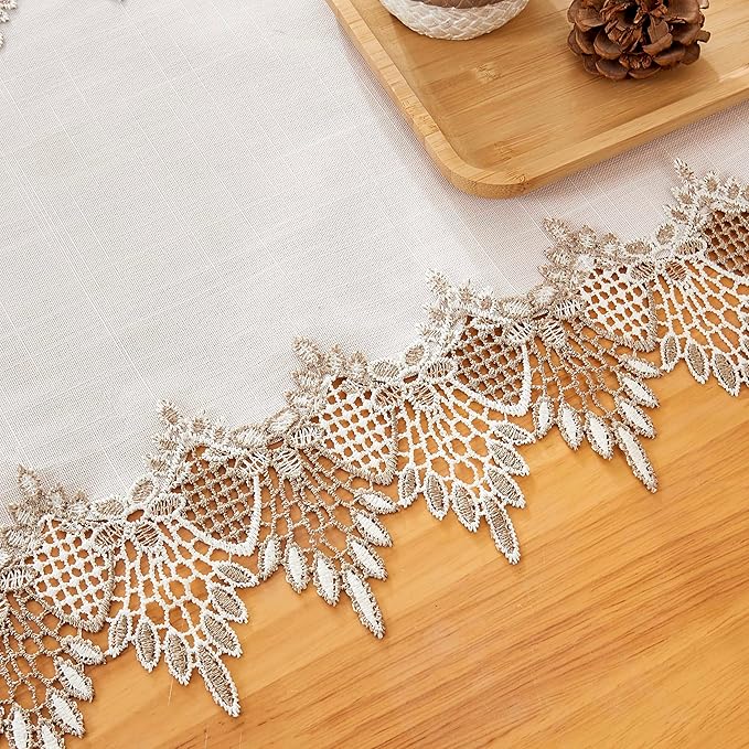 Natural Linen Table Runner 120 inches Neutral Earth Tones Beige Lace Handcrafted Coffee Table Runners Dresser Scarf for Spring Easter Summer Kitchen Wedding Party (16”x120”, White)