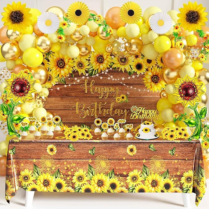 Sunflower Birthday Party Decoration Pack (including Backdrop, Tablecloth, Artificial Sunflowers and A Garland, Cake Topper, Balloon Garland Arch, Foil Balloon, Yellow Tissue Paper Flowers and Fans)…
