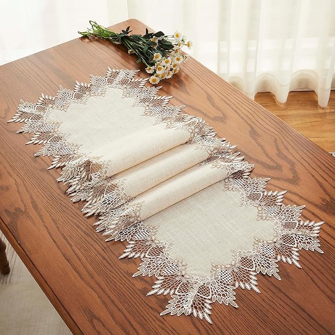 Natural Linen Table Runner 60 inches Neutral Earth Tones Beige Lace Handcrafted Coffee Table Runners Dresser Scarf for Spring Easter Summer Kitchen Wedding Party (Natural, 16”x60”)